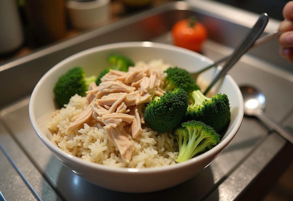 Mixing cooked rice, chicken, and broccoli for Simple Chicken, Rice, and Broccoli Casserole.