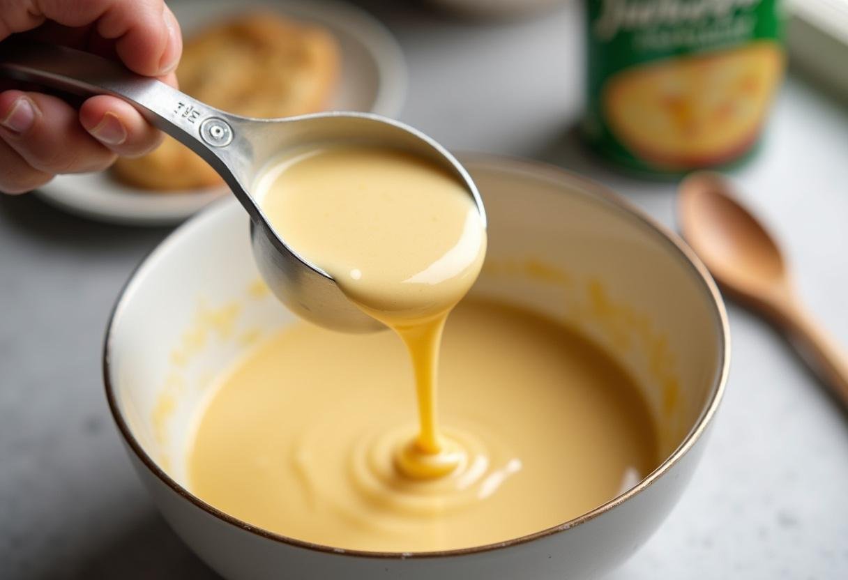 Adding cream of chicken soup to the mixture for Simple Chicken, Rice, and Broccoli Casserole.