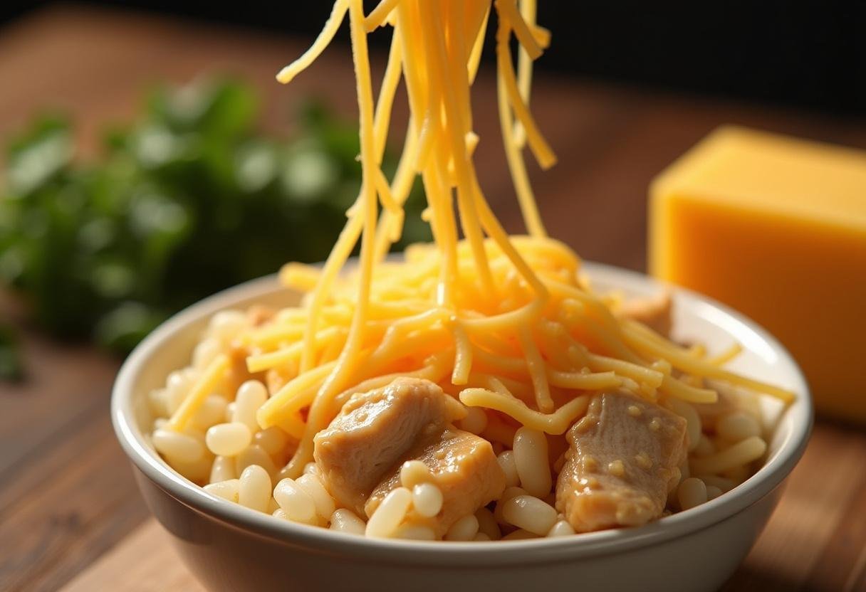 Cheese being added to the casserole mixture for added flavor in Simple Chicken, Rice, and Broccoli Casserole.