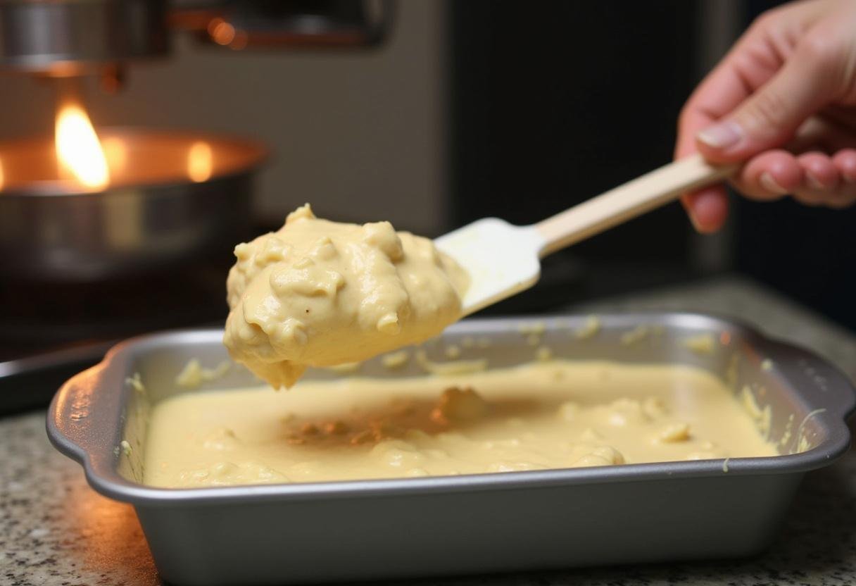 Transferring the casserole mixture into a baking dish for Simple Chicken, Rice, and Broccoli Casserole.