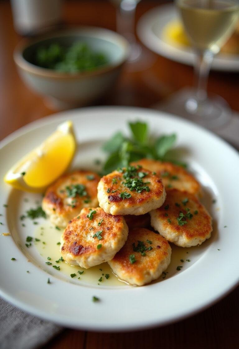 Plated garlic butter chicken bites with herbs and lemon, perfect for a quick meal.