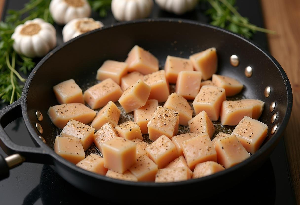 Cubed chicken breast with garlic and herbs prepared for Simple Garlic Butter Chicken Bites recipe.