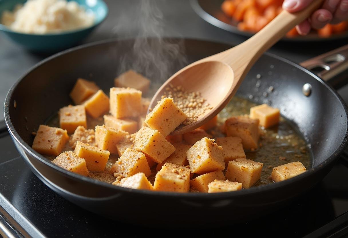 Sizzling chicken bites being added to garlic butter in skillet for Simple Garlic Butter Chicken Bites.