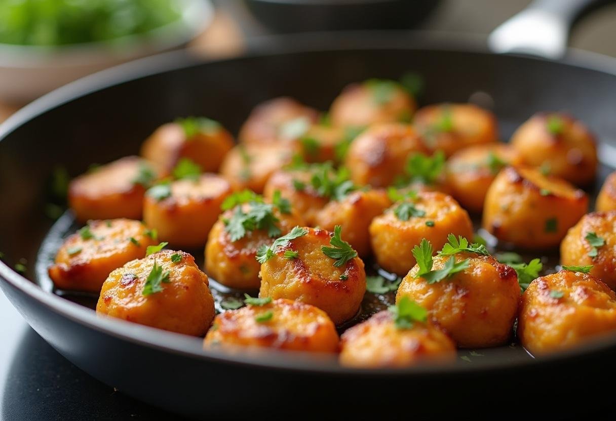 Garlic butter chicken bites being garnished with parsley, ready to serve.