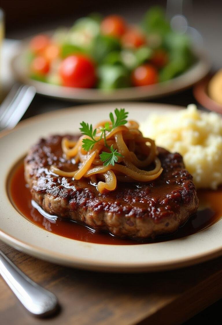Delicious Simple Hamburger Steak with onions and gravy served with mashed potatoes, perfect for busy nights.