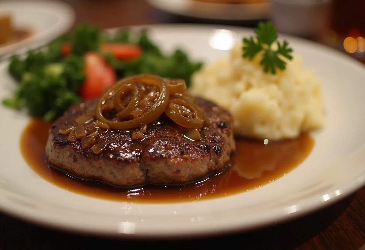 Delicious Simple Hamburger Steak with onions and gravy served with mashed potatoes, perfect for busy nights.