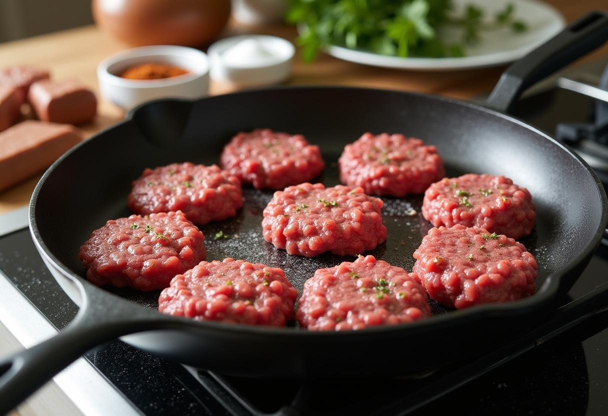 Ground beef patties being prepared for Simple Hamburger Steak with onions and gravy.