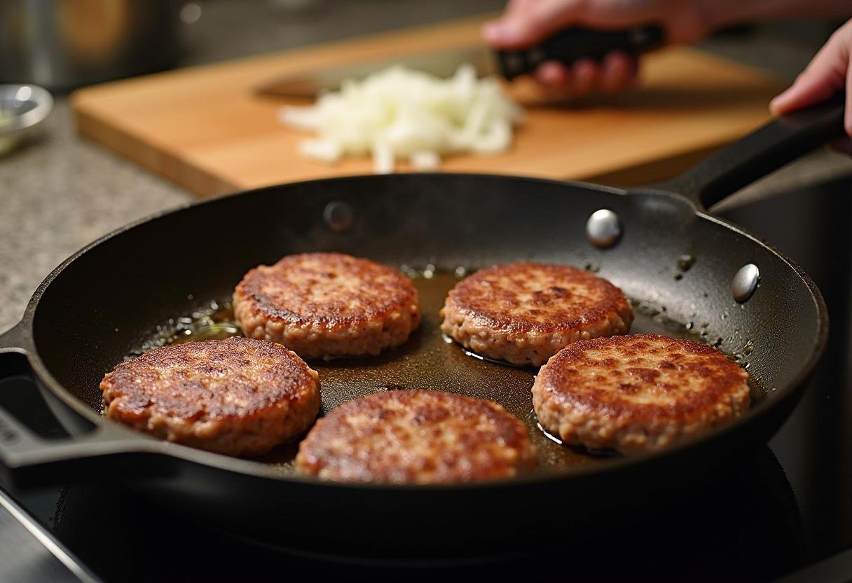 Cooking hamburger steaks in a skillet with onions nearby for Simple Hamburger Steak recipe.