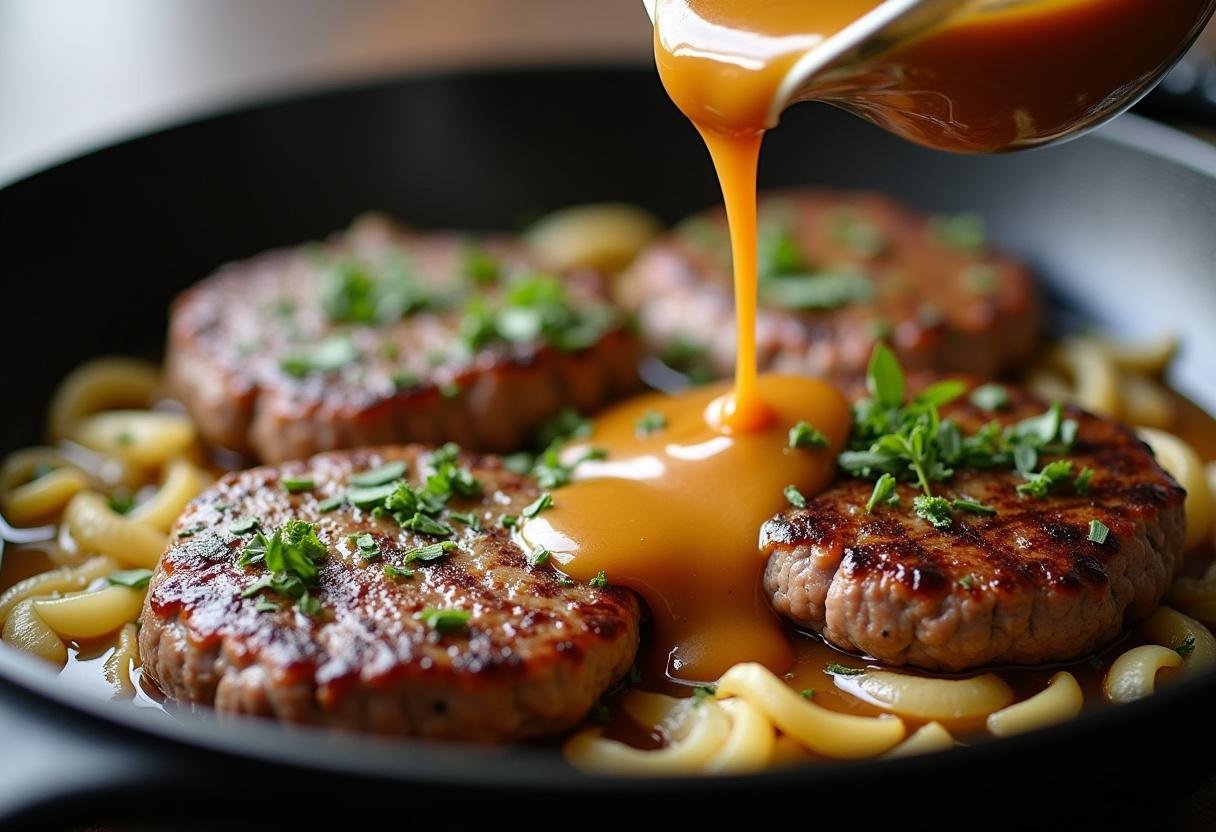 Pouring gravy over hamburger steaks and onions for a delicious finish in the Simple Hamburger Steak recipe.
