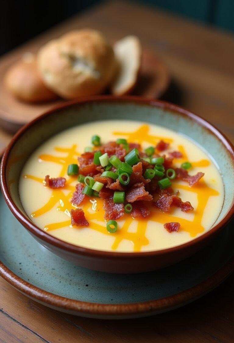 Delicious bowl of Simple Loaded Potato Soup garnished with toppings, ready to serve.