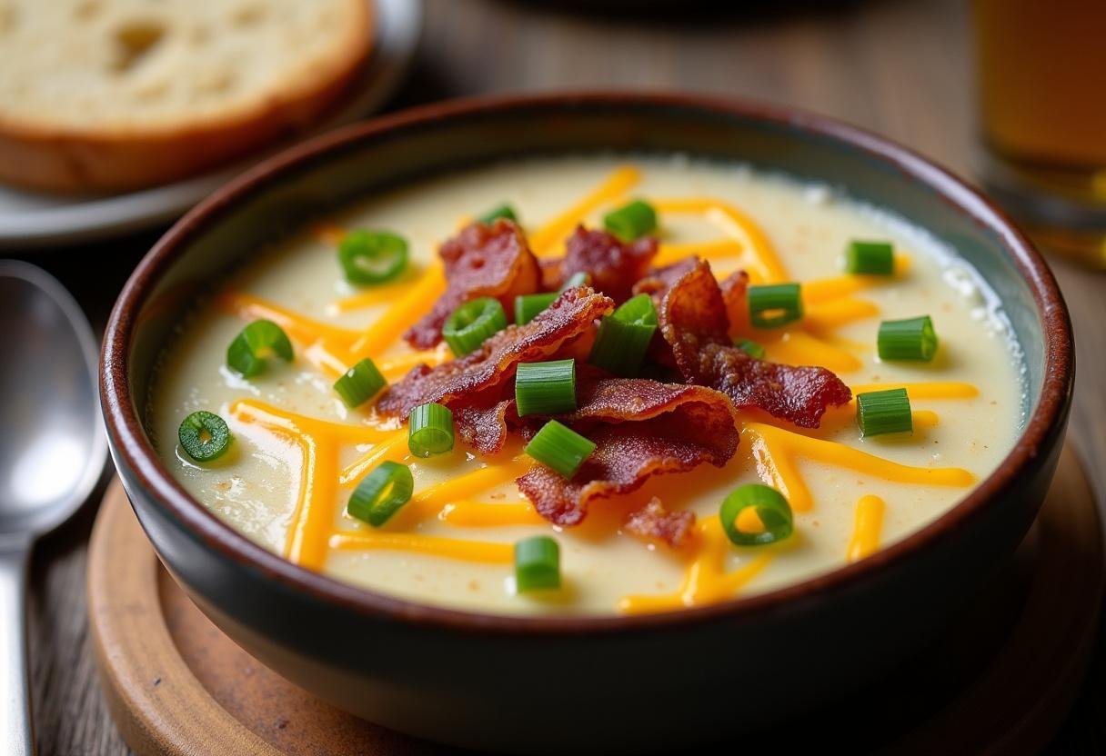 Delicious bowl of Simple Loaded Potato Soup garnished with toppings, ready to serve.