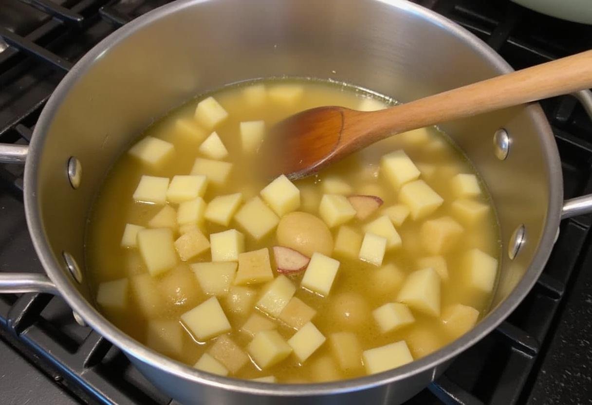 Diced potatoes and chicken broth simmering in a pot for Simple Loaded Potato Soup.