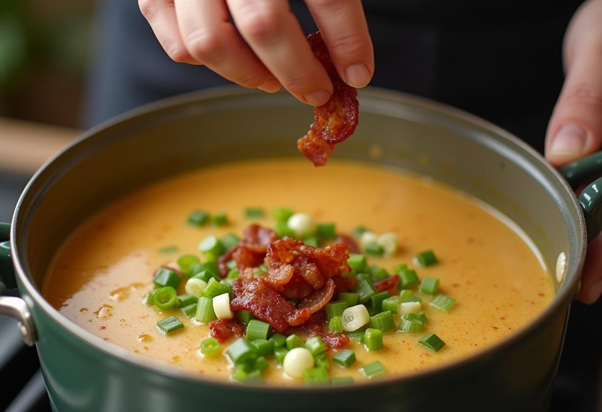 Chopped green onions and bacon bits added to Loaded Potato Soup for a flavorful finish.