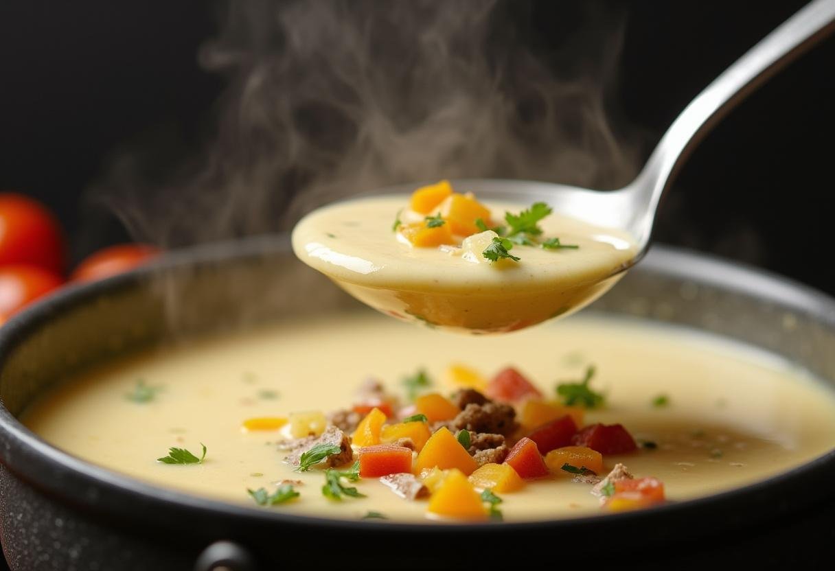 Ladle serving creamy Loaded Potato Soup from the pot into a bowl ready to enjoy.