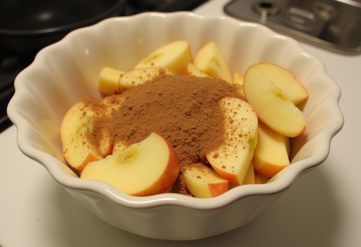 Sliced apples mixed with sugar and cinnamon for Simple Salted Caramel Apple Pie Bars.