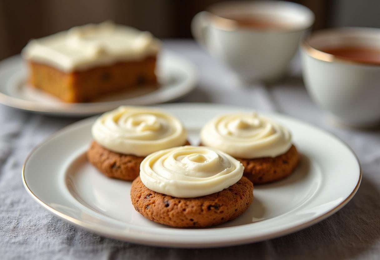 Finished Soft & Chewy Carrot Cake Cookies with Cream Cheese Frosting, perfect for dessert.
