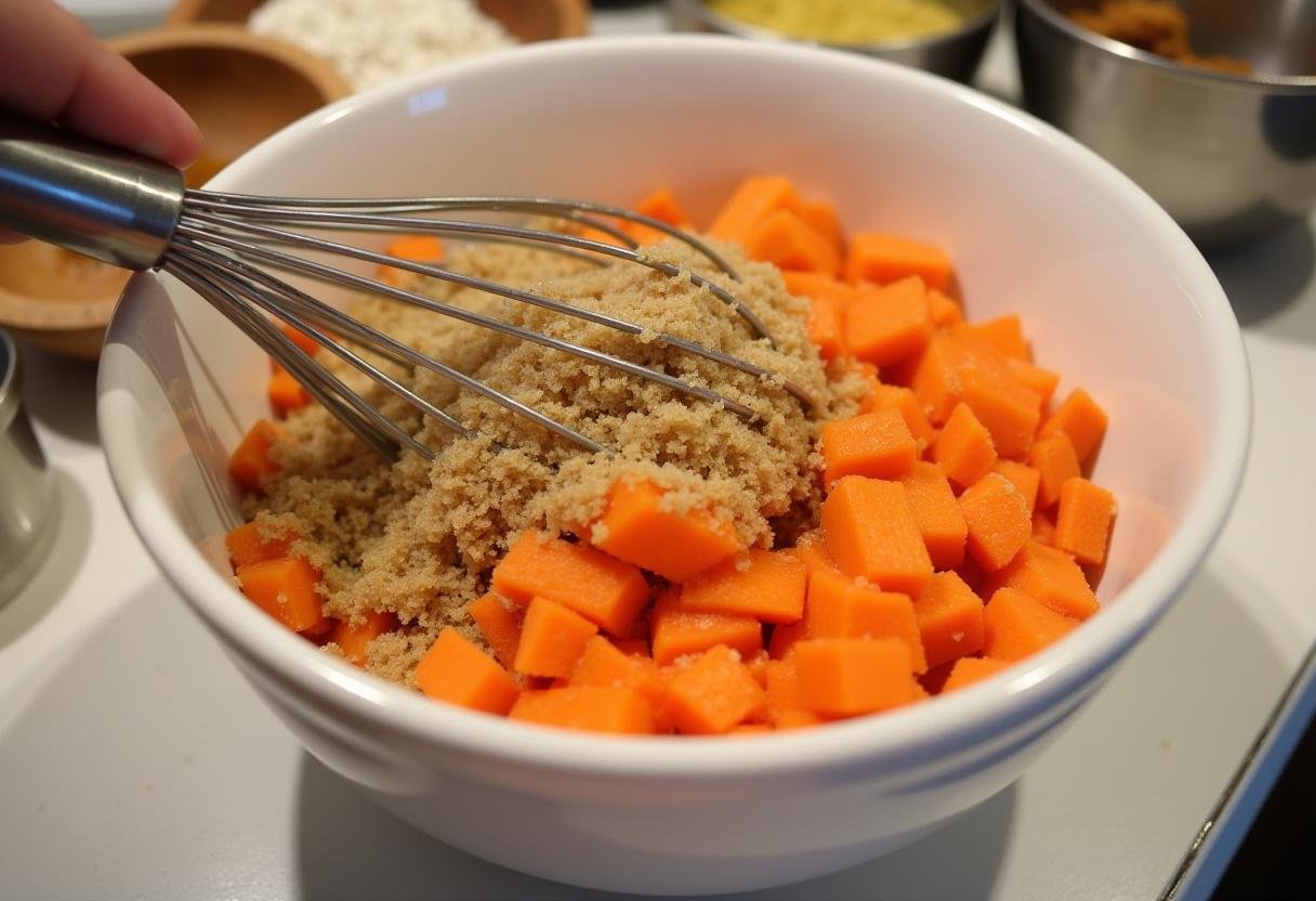 Mixing grated carrots and sugars for Soft & Chewy Carrot Cake Cookies.