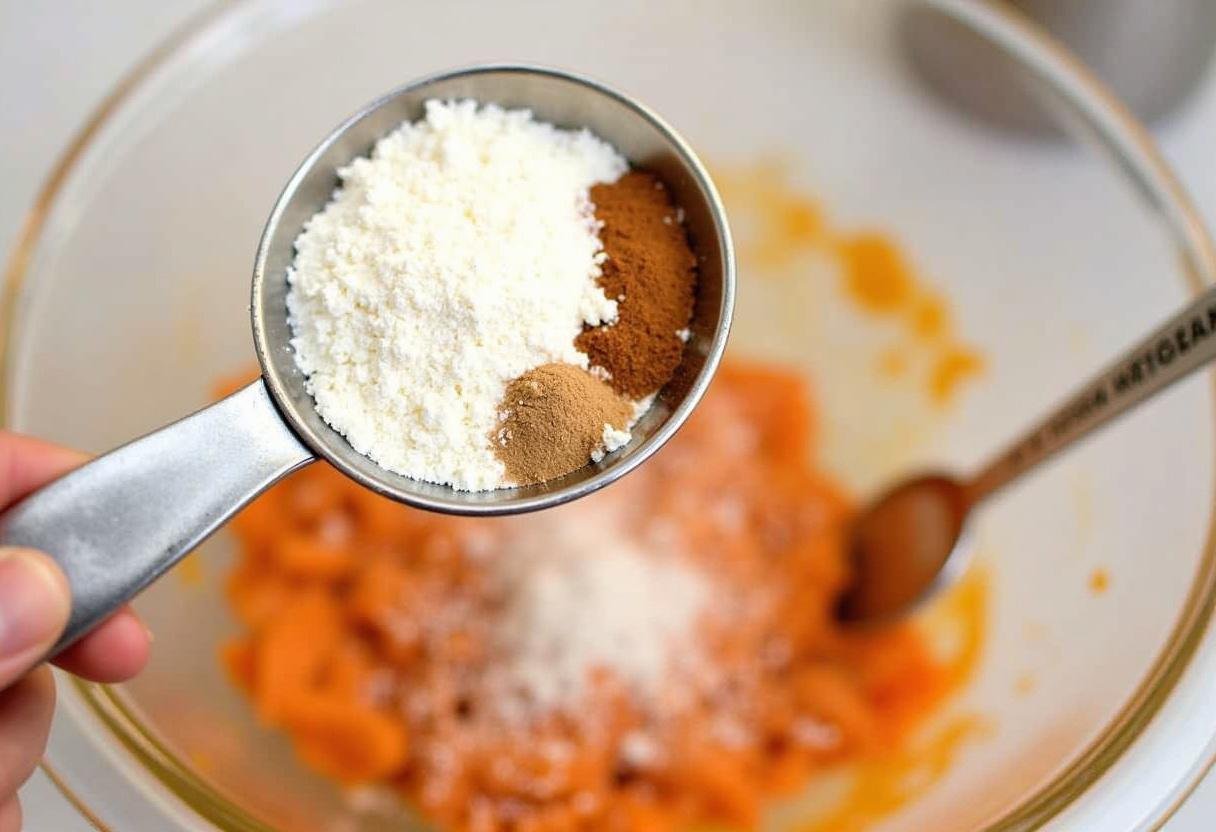Sifting flour and spices for carrot cake cookie dough preparation.