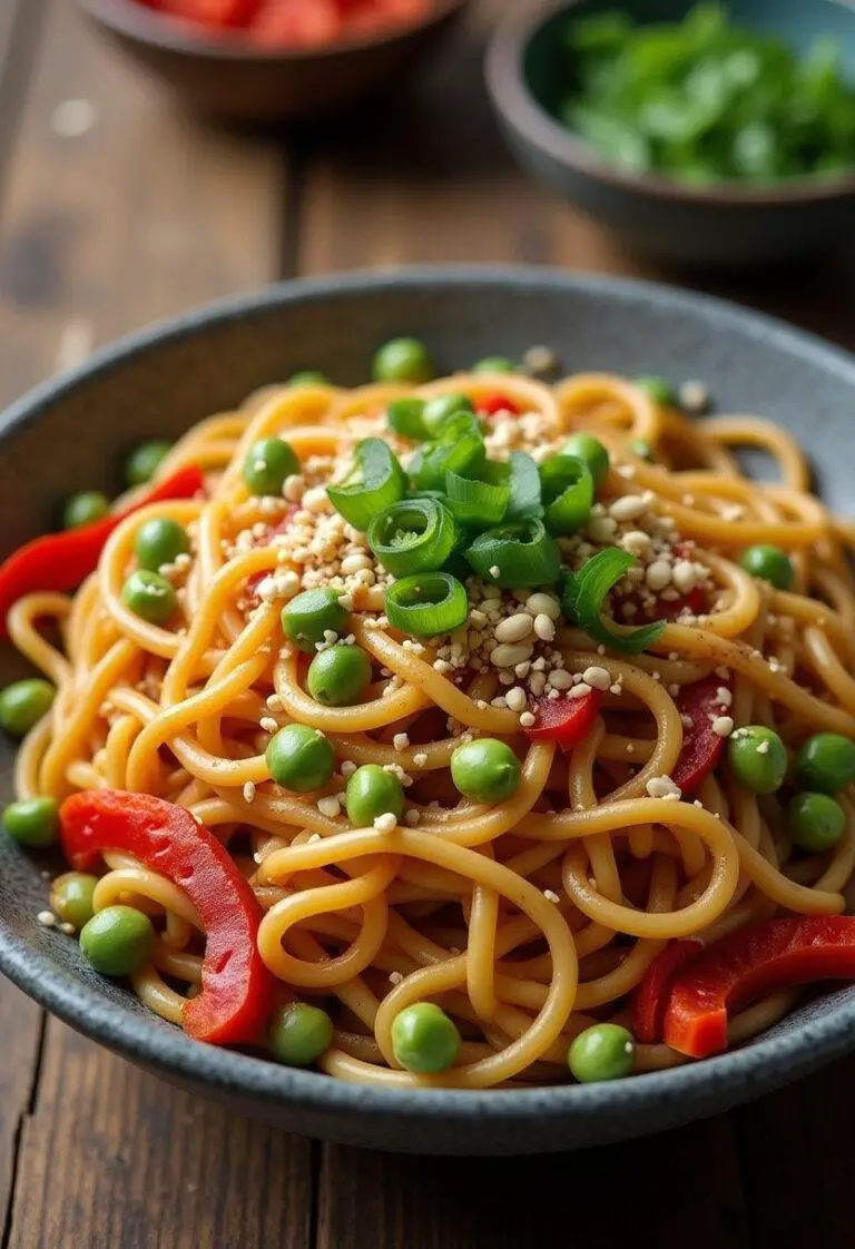 Finished Spicy Peanut Noodles with Edamame, featuring rich flavors and bright colors for a delightful meal.