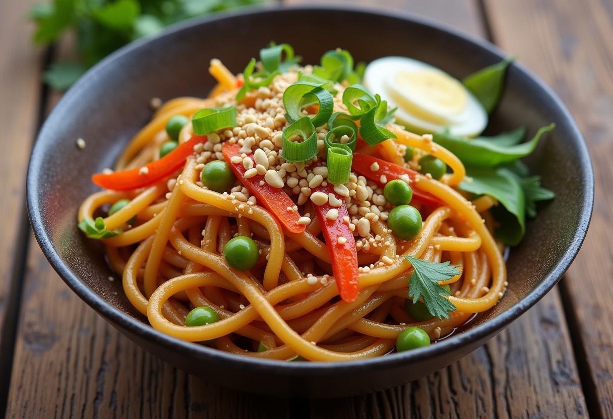 Finished Spicy Peanut Noodles with Edamame, featuring rich flavors and bright colors for a delightful meal.