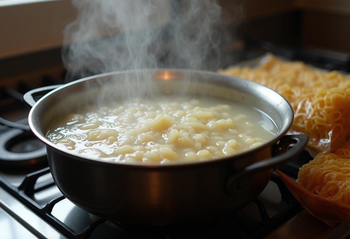Boiling water ready for cooking rice noodles in Spicy Peanut Noodles with Edamame recipe.