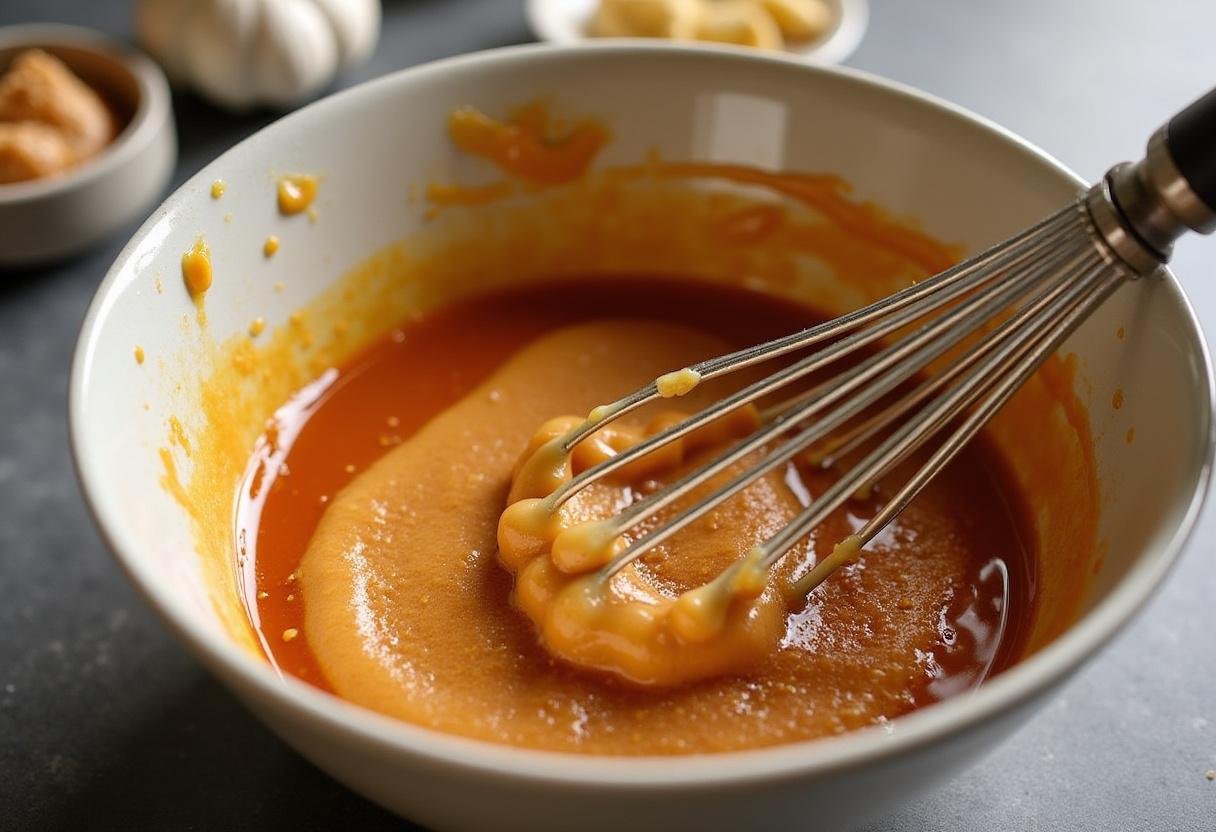 Peanut sauce ingredients being mixed for Spicy Peanut Noodles with Edamame, showcasing the preparation process.