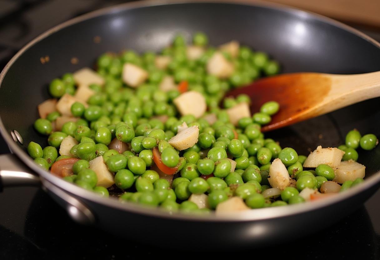 Edamame and vegetables sautéing in a pan for Spicy Peanut Noodles with Edamame.