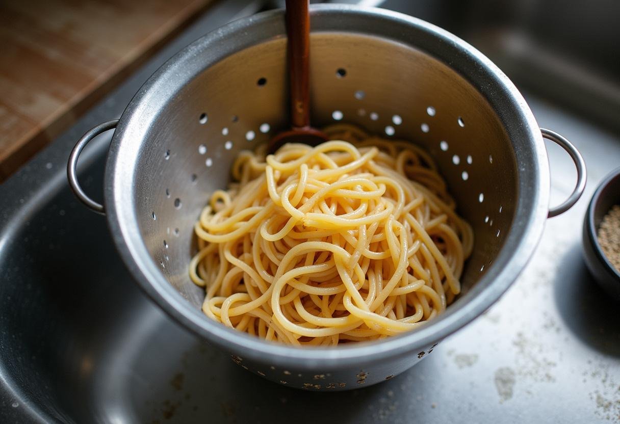 Draining cooked rice noodles ready to be mixed into Spicy Peanut Noodles with Edamame dish.