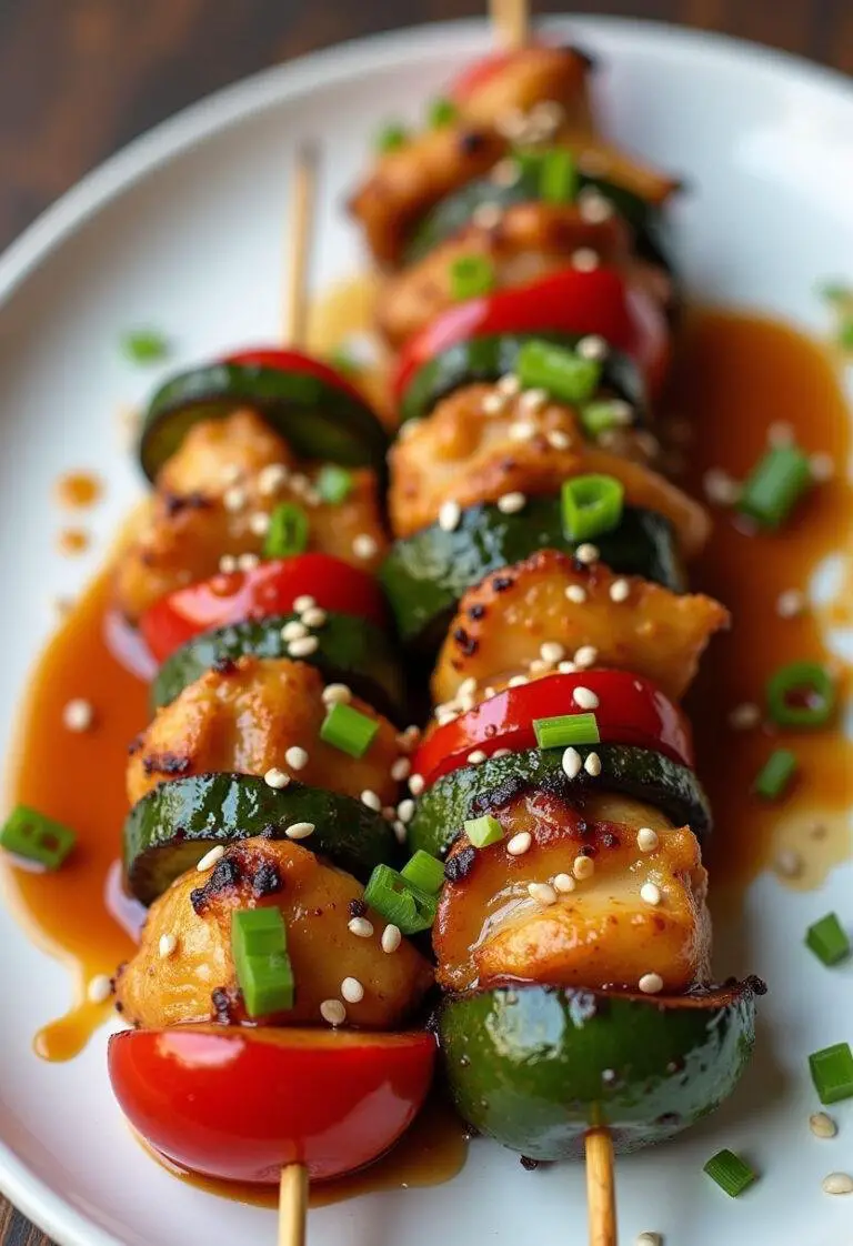 Finished Teriyaki Chicken & Vegetable Skewers with teriyaki drizzle, perfect for a delicious meal.