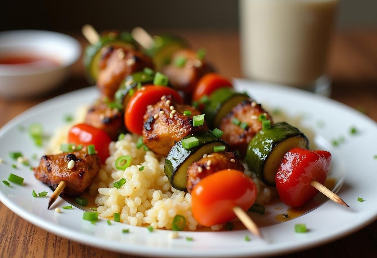 Finished Teriyaki Chicken & Vegetable Skewers with teriyaki drizzle, perfect for a delicious meal.