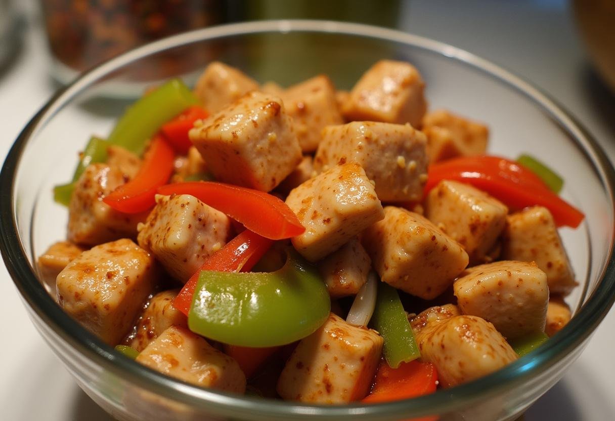 Marinated chicken and colorful vegetables for Teriyaki Chicken & Vegetable Skewers.