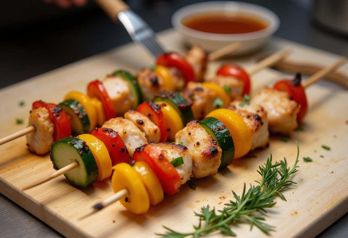 Assembling Teriyaki Chicken & Vegetable Skewers with marinated ingredients on skewers.