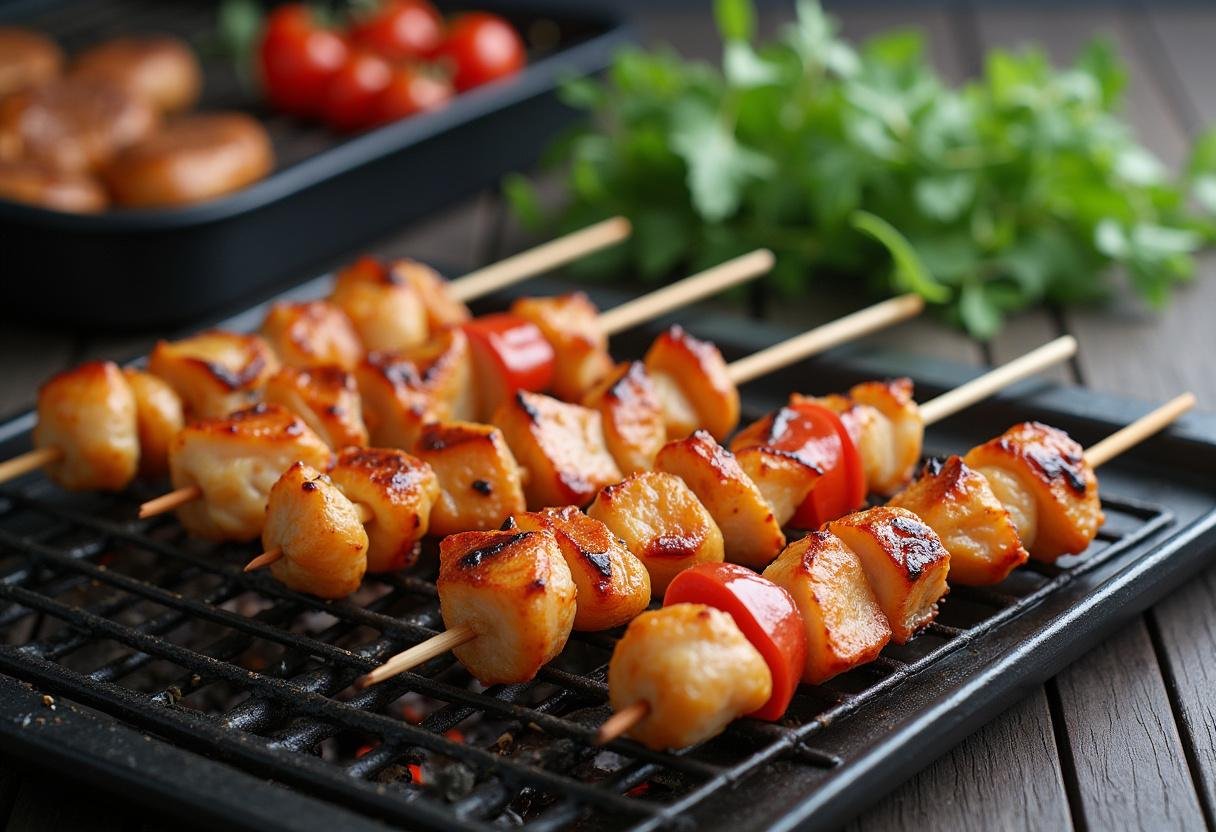 Prepared Teriyaki chicken and vegetable skewers ready for grilling on a tray.
