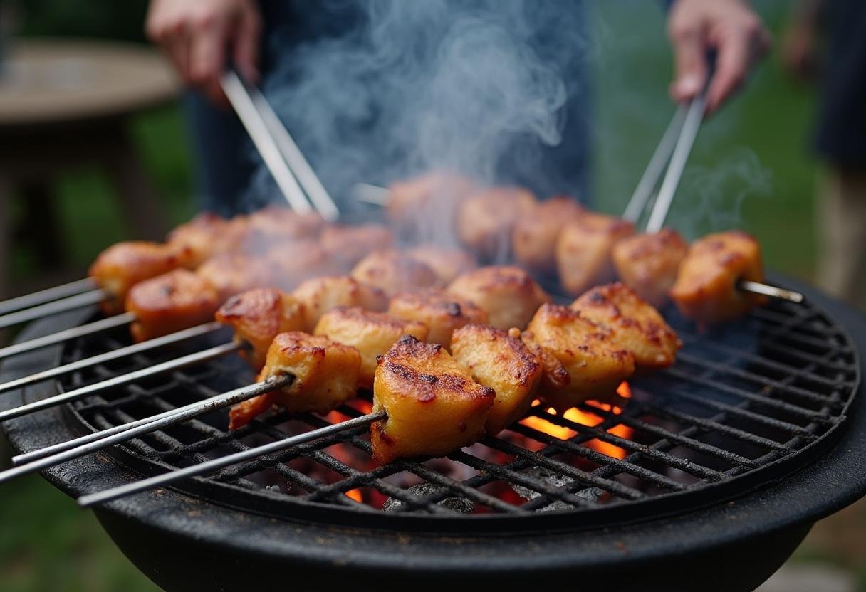 Grilling Teriyaki chicken and vegetable skewers, showcasing the cooking process.