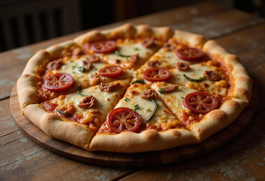 final result of Alfano's Amazing Pizza, perfectly baked pizza with melted cheese, inviting pizza presentation on rustic table