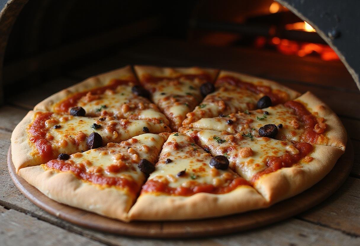 final result of Alfano's Amazing Pizza, perfectly baked pizza with melted cheese, inviting pizza presentation on rustic table