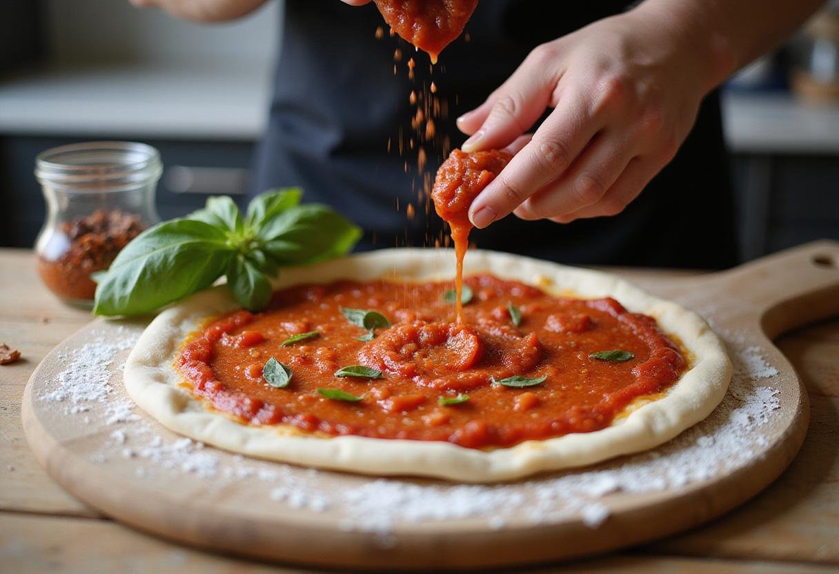 adding homemade tomato sauce to Alfano's Amazing Pizza, pizza sauce preparation step, flavorful tomato base for pizza