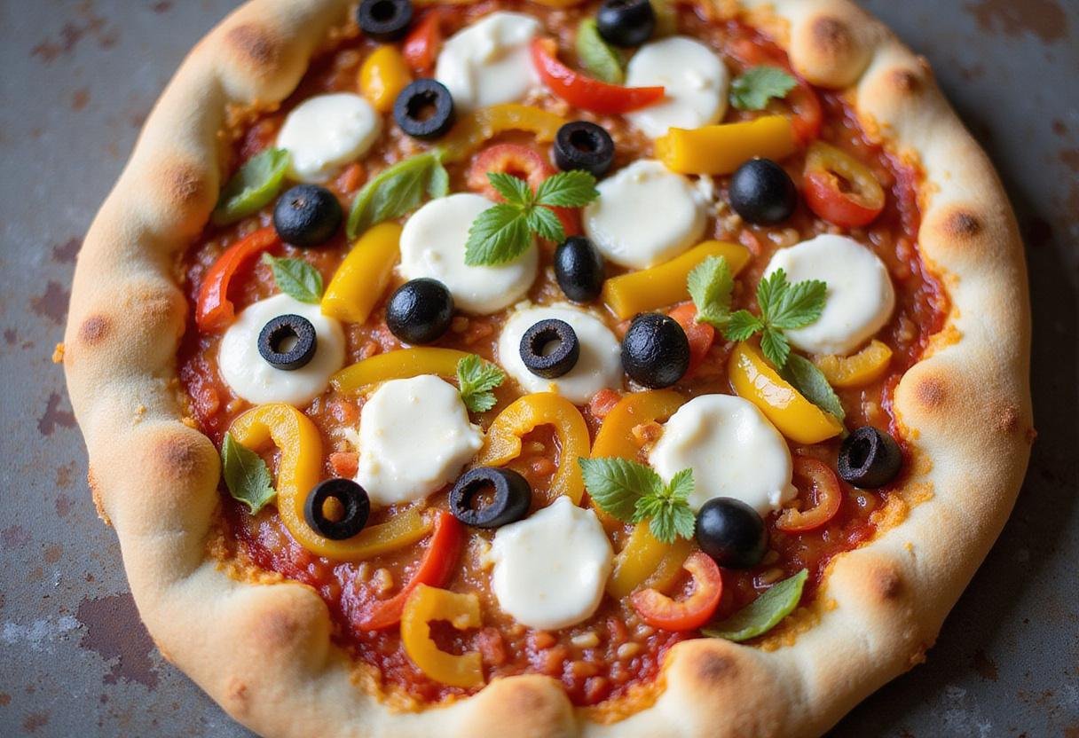 topping Alfano's Amazing Pizza with fresh ingredients, colorful pizza toppings, mozzarella and vegetables arrangement