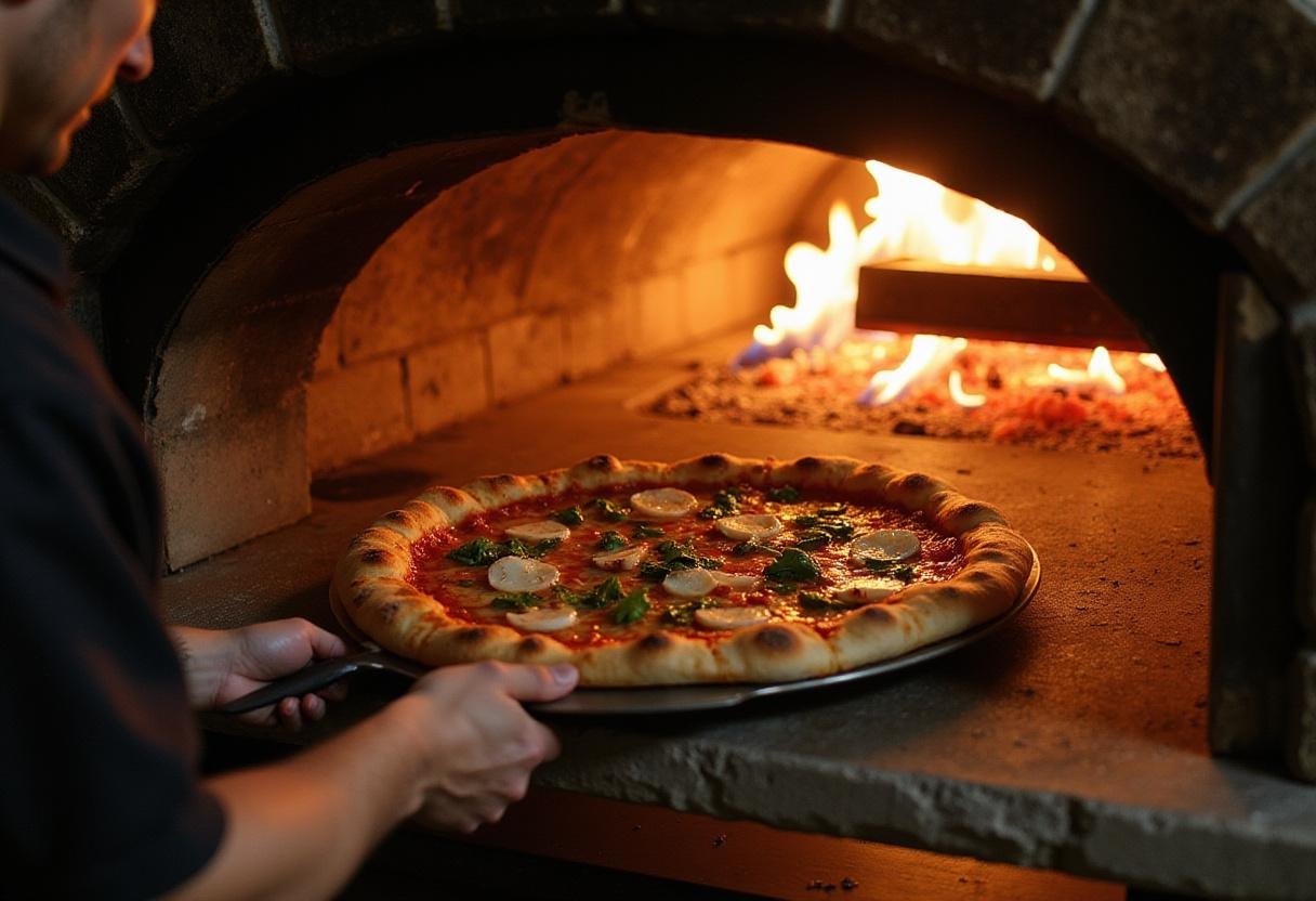 baking Alfano's Amazing Pizza in a wood-fired oven, placing pizza in hot oven, authentic Italian pizza making scene