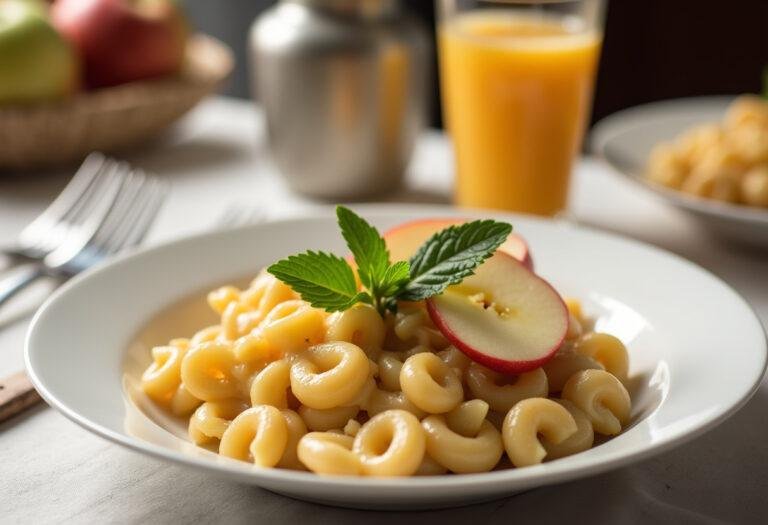 Completed and garnished Apple Macaroni served at the dining table.