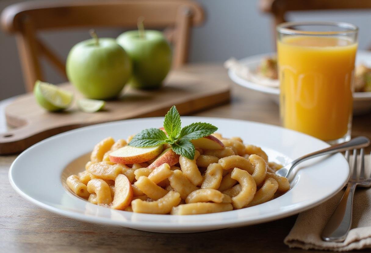 Completed and garnished Apple Macaroni served at the dining table.