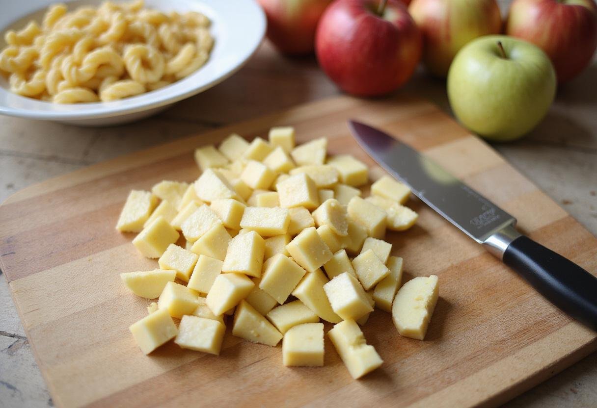 Diced apples and cooked macaroni for Apple Macaroni recipe.