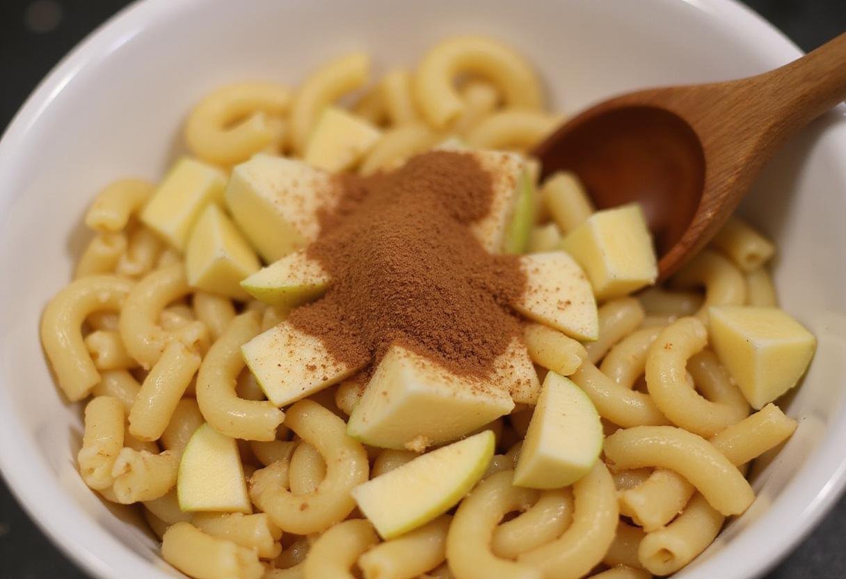 Mixing macaroni with apples and spices for Apple Macaroni dish.