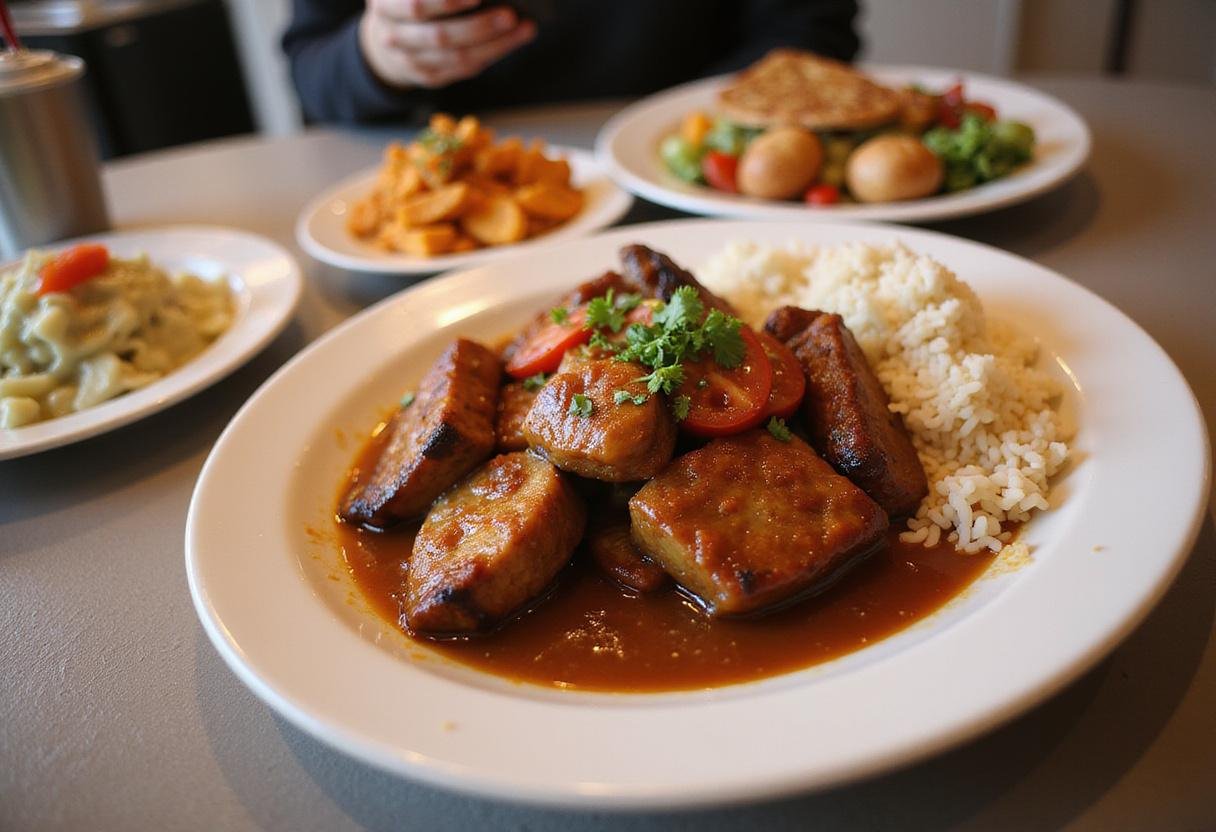 Savor a delightful presentation of grilled meat with arbol pepper sauce, accompanied by rice and vegetables, perfect for sharing.