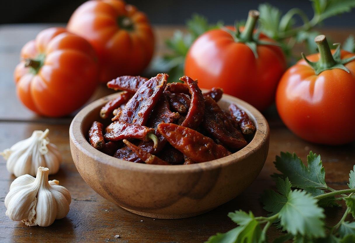 Discover the flavor of arbol pepper with dried arbol peppers, fresh garlic, and tomatoes in a rustic kitchen setting.