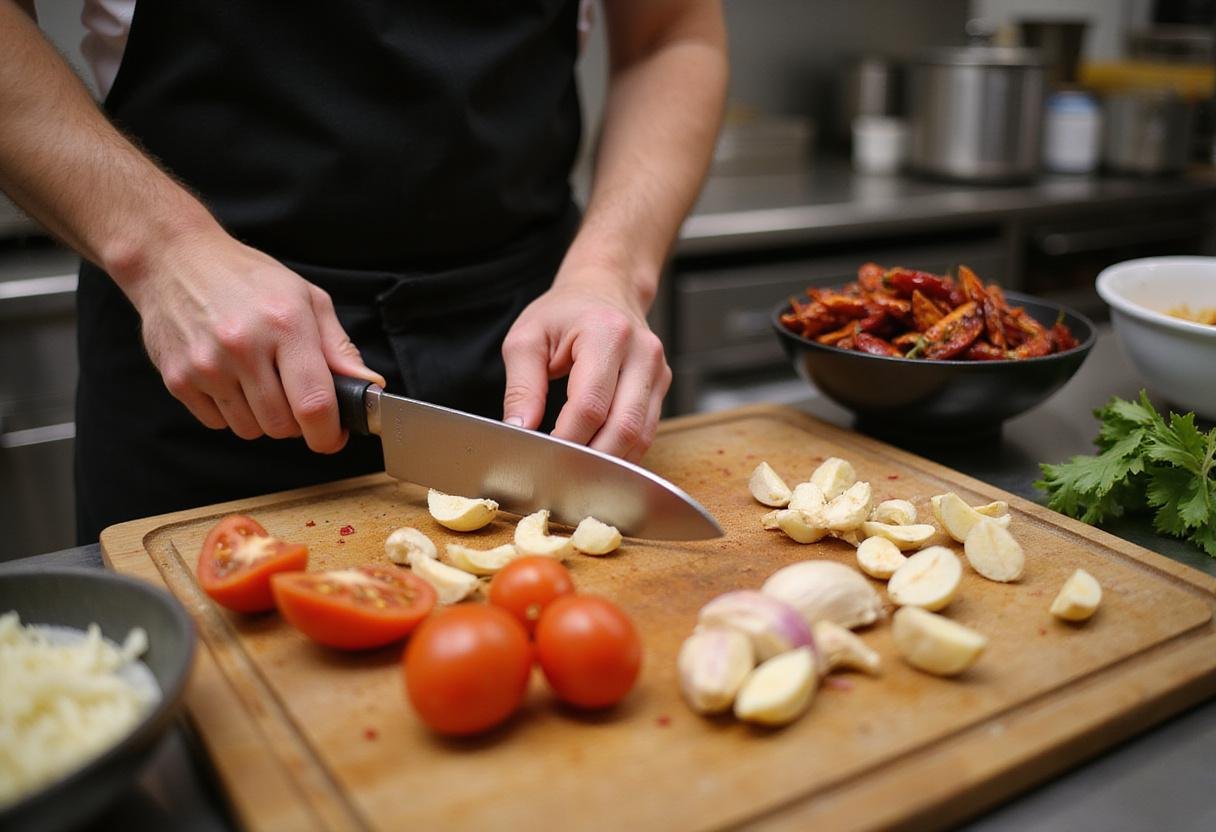 Watch a chef prepare fresh garlic and tomatoes alongside dried arbol peppers, creating a vibrant flavor base in the kitchen.