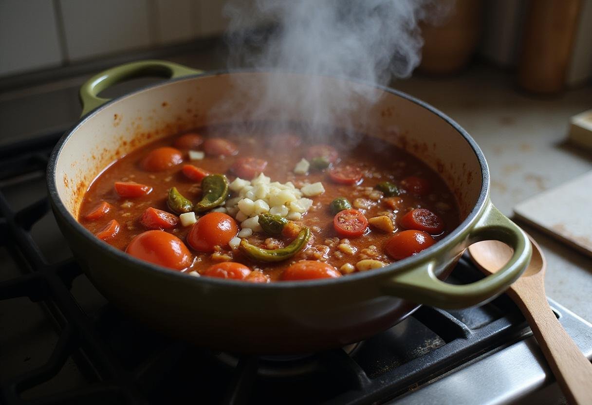 Experience the cooking process with a pot of simmering tomatoes, garlic, and arbol peppers, brewing a rich sauce on the stove.