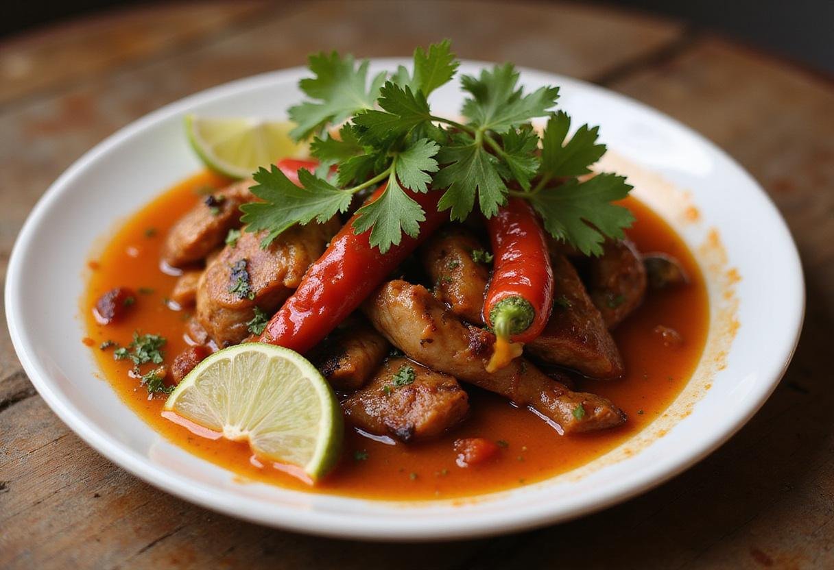 Enjoy a visually appealing dish of grilled meat topped with arbol pepper sauce, garnished with cilantro and lime, perfect for any meal.