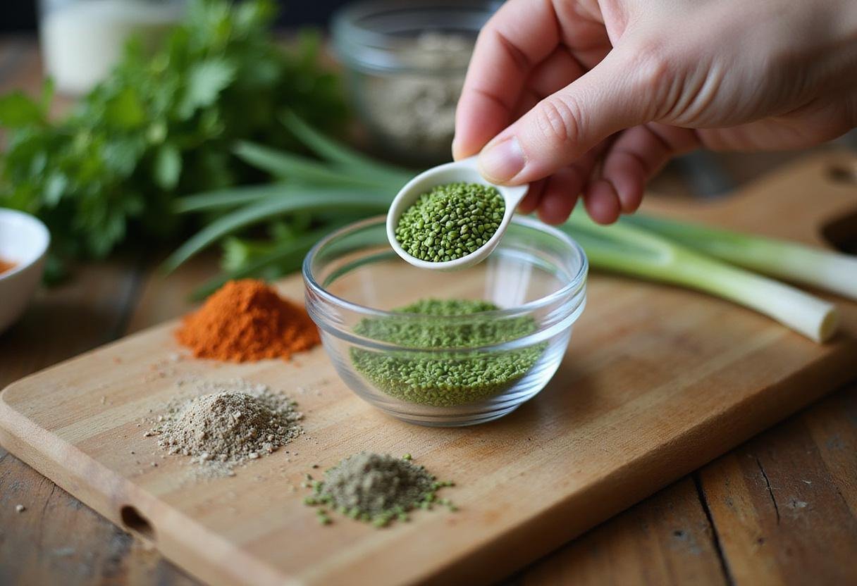 Measuring green onion seeds on a wooden counter, showcasing preparation for aromatic green onion seeds recipe.