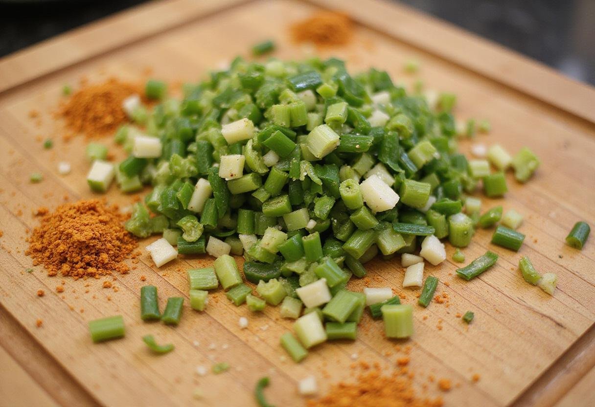 Chopping green onions with spices on a cutting board, a step in preparing aromatic green onion seeds.